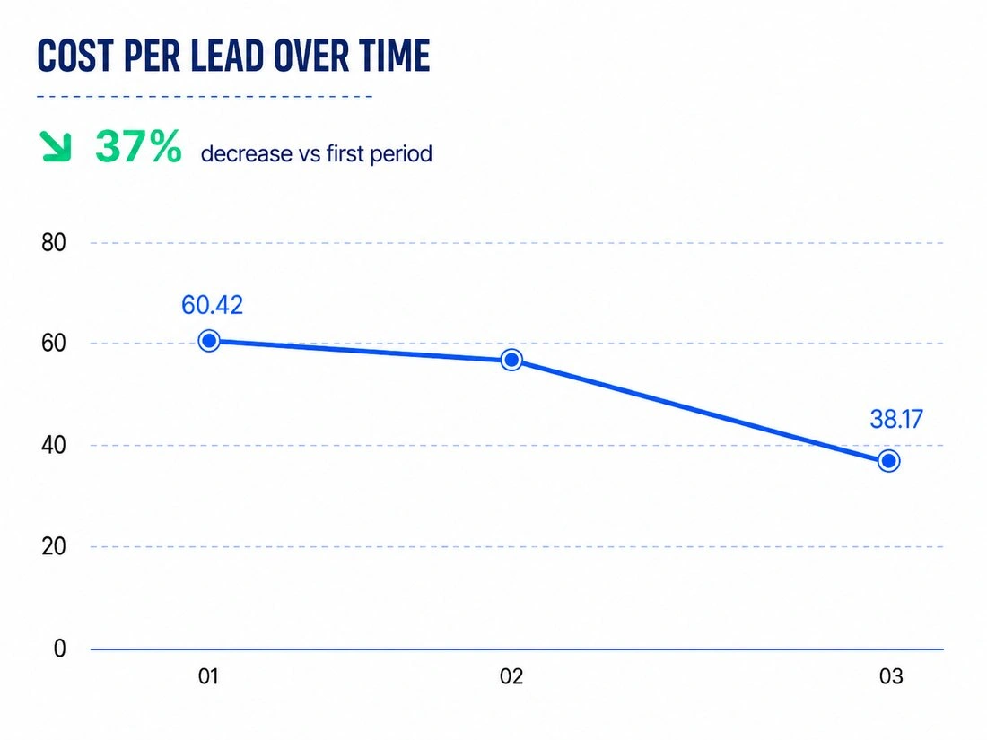Cost per lead over time falling 37% from 60.42 to 38.17