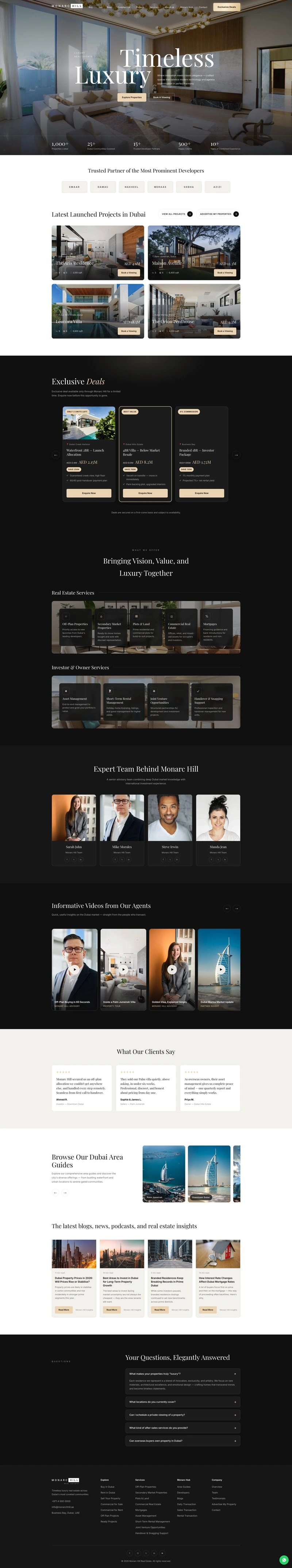 The complete Monarc Hill Real Estate website, from hero to footer