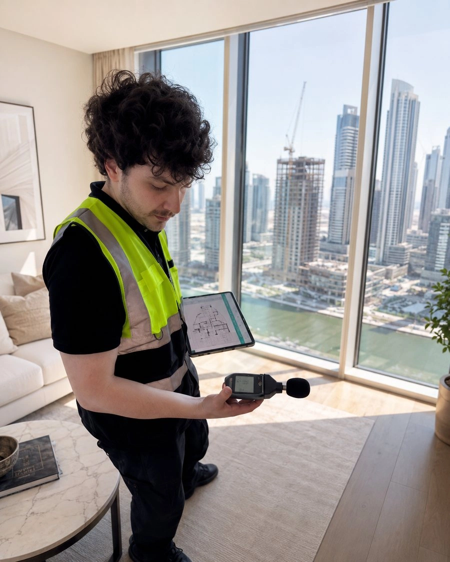 Inspecto inspector carrying out a property inspection in a Dubai apartment with testing equipment