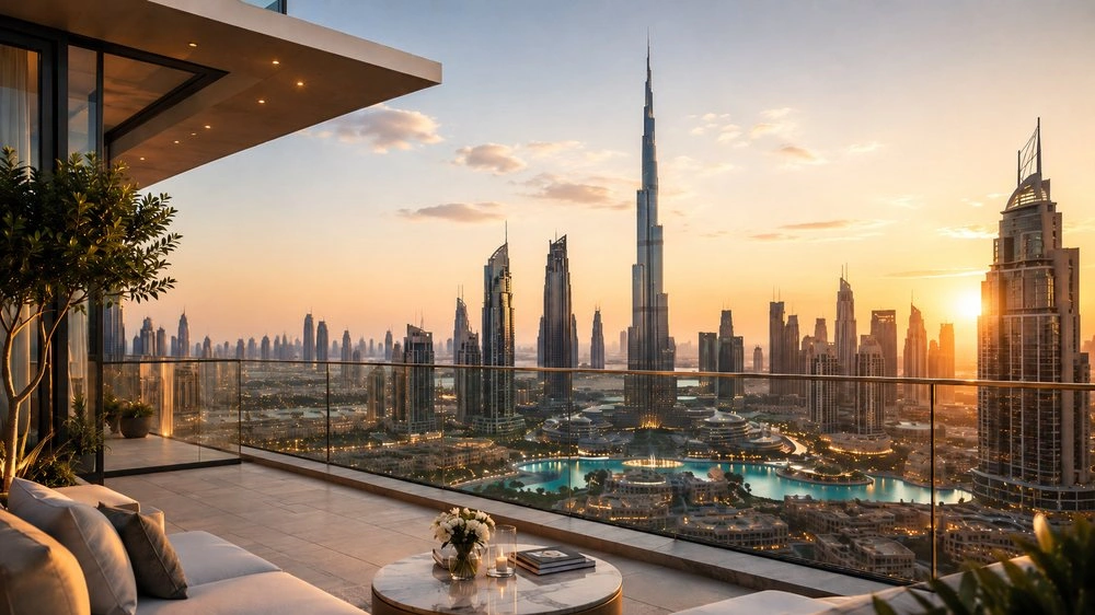 Luxury Dubai penthouse terrace overlooking the Burj Khalifa skyline at sunset